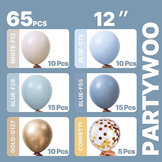 PartyWoo Dusty Blue Balloons 65pcs 12 Inch Light Baby Slate Blue Off White Sand Metallic Gold Boho Confetti Balloons for Graduation Boy Baby Shower Gender Reveal Birthday Wedding Party Decorations