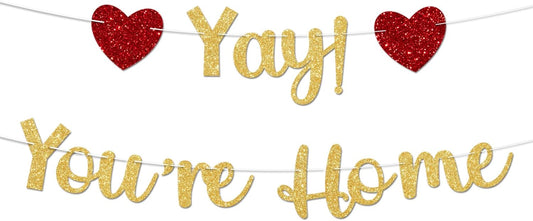 Gold Glitter Welcome Home Banner, Yay! You're Home Banner for Welcome Back, Housewarming & Military Return Party Decorations & Decor, No DIY.