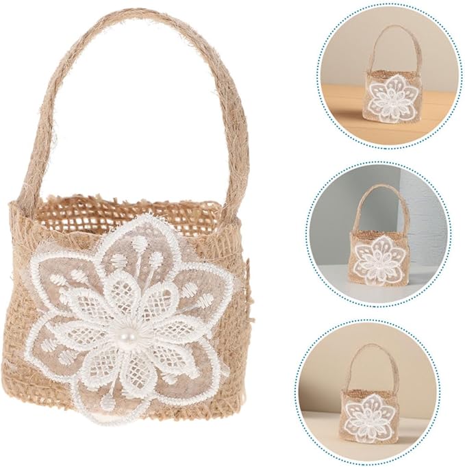 BESPORTBLE Mini Burlap Flower Girl Basket with 6pcs Linen Candy Bags Rustic Wedding Floral Party Favor Basket for Ceremony and Event Decoration