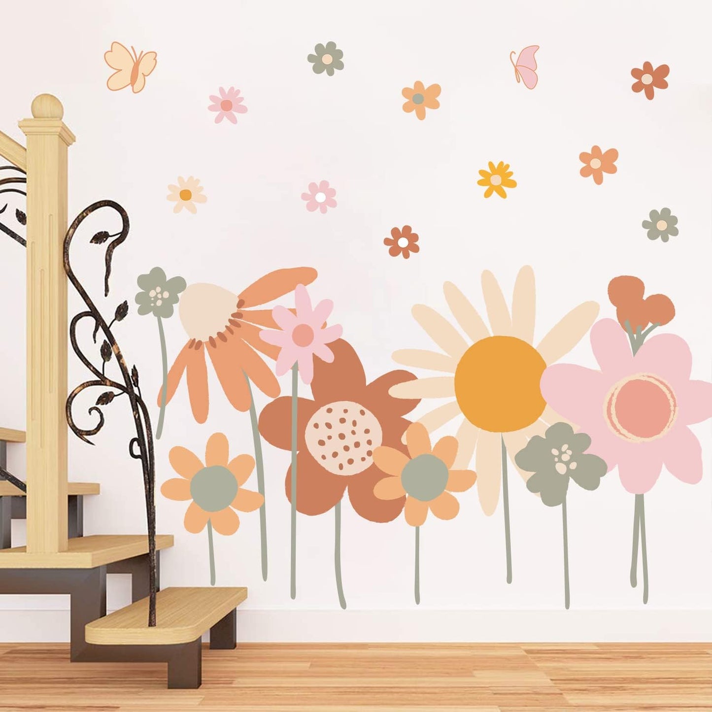 Supzone Colorful Flower Wall Stickers - Boho Retro Vintage Floral Art Decals for Bedroom, Living Room, TV, Office - Large Home Decoration