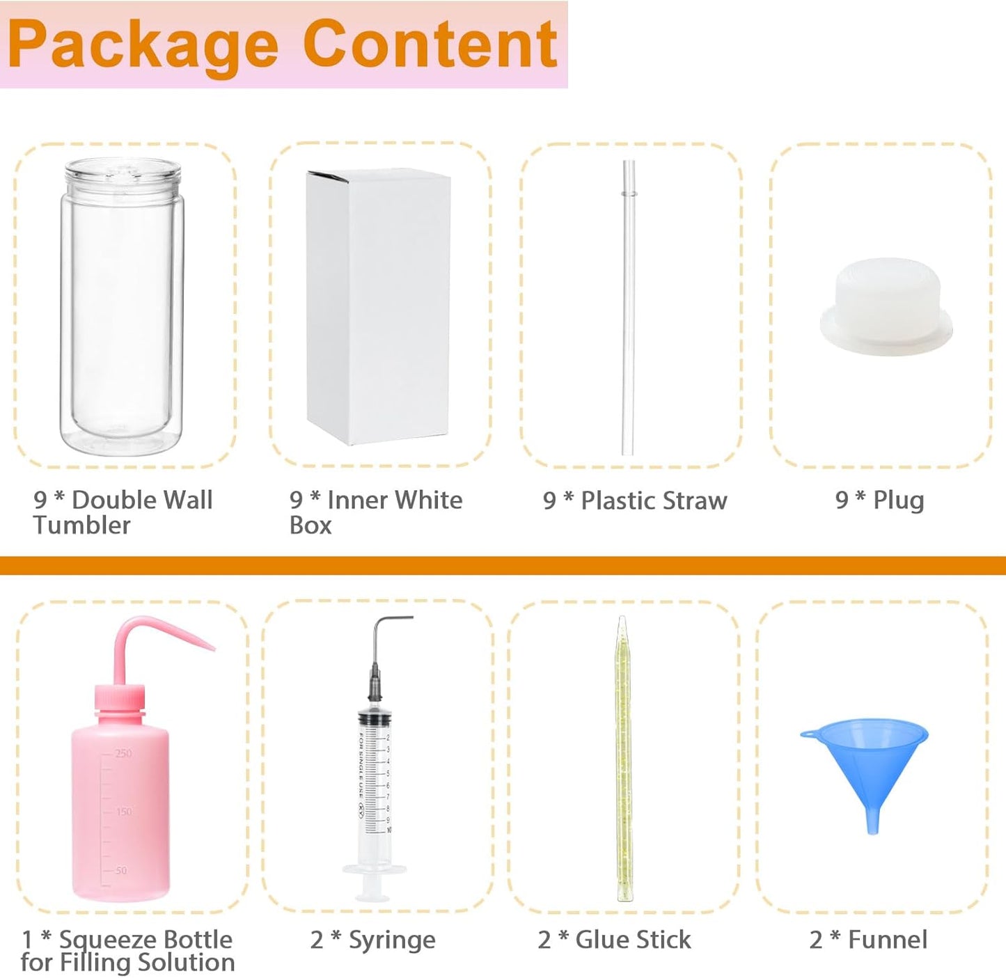 20 Oz Acrylic Snowglobe Tumbler Including Diy Kit, 9 Pack Pre-Drilled Double Wall Plastic Snowglobe Cup for Glitter Snow Globe Diy
