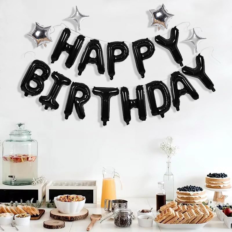 Black Happy Birthday Banner Balloon Aluminum Foil 16 Inch Letter,10 Inch Five Pointed Star Four Pointed Star Suitable for Kids, Men, Women, Boys and Girls Party Decoration Supplies
