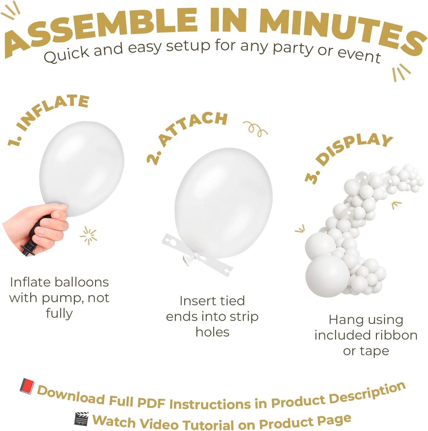 Balloon Garland Arch Kit – 146 Pcs White, Metallic Gold & Confetti Balloons for Baby Shower, Birthday, Gender Reveal, Wedding Party – DIY Kit by Vellax™