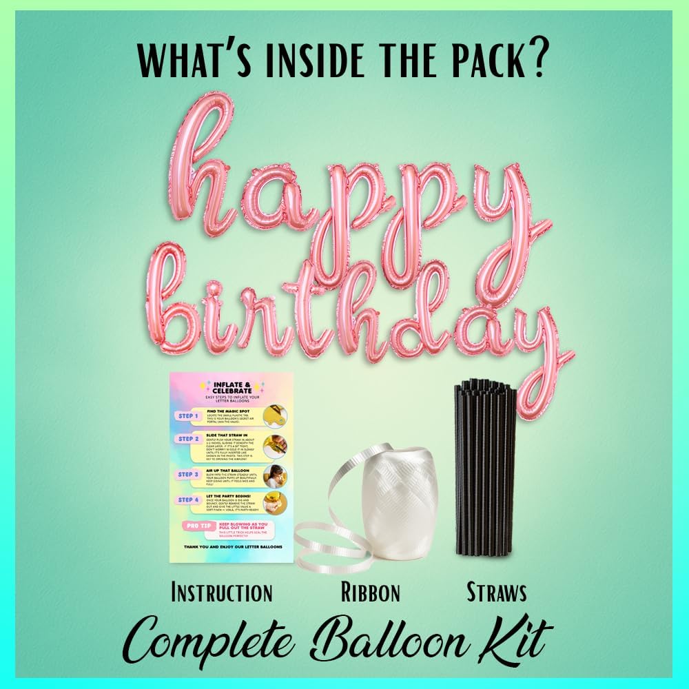 Rose Gold Happy Birthday Balloons Banner | Script/Cursive Rose Gold Letter Balloon Sign For Birthday Party Decor/Decoration | Foil Mylar Happy Birthday Banner