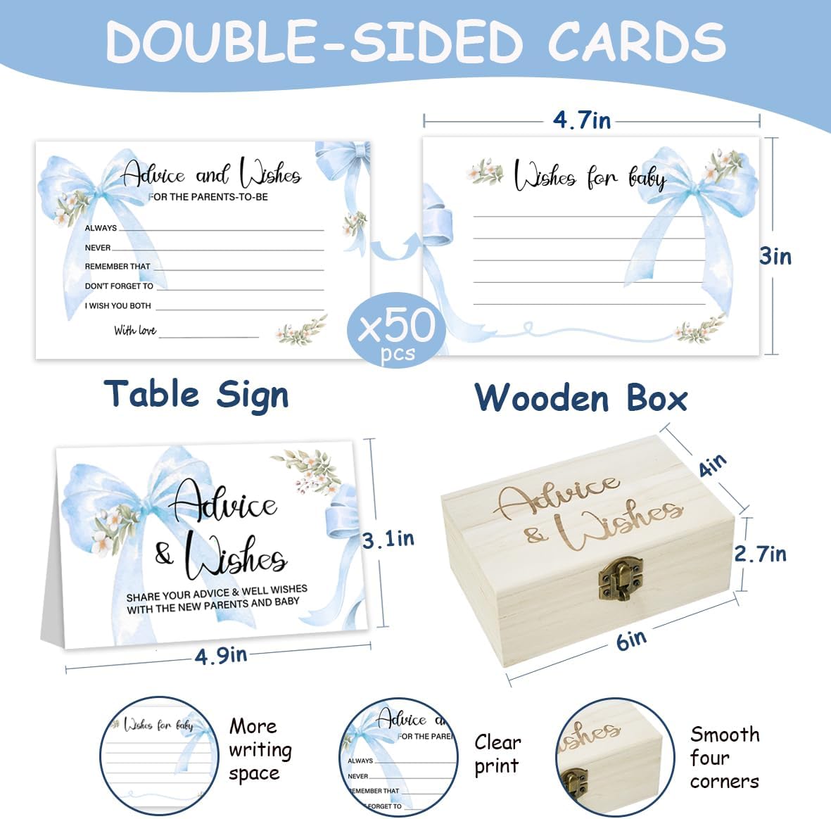 50Pcs Blue Bow Baby Shower Advice Cards for Baby Shower Games, Bow Advice and Wish Cards Box for New Parents Baby Shower Decorations (Blue)