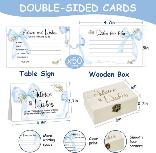 50Pcs Blue Bow Baby Shower Advice Cards for Baby Shower Games, Bow Advice and Wish Cards Box for New Parents Baby Shower Decorations (Blue)