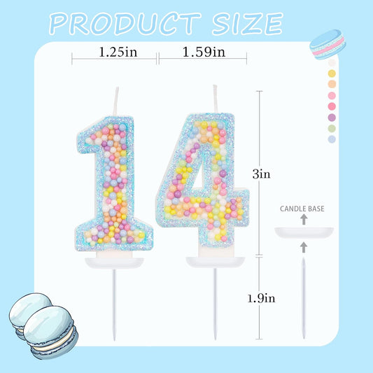 Blue Birthday Candles - Number 14 Candle, Colorful Macaron Candles, 14 Birthday Decorations for Girls Boys, Cake Decorations, Theme Party Supplies (Blue)
