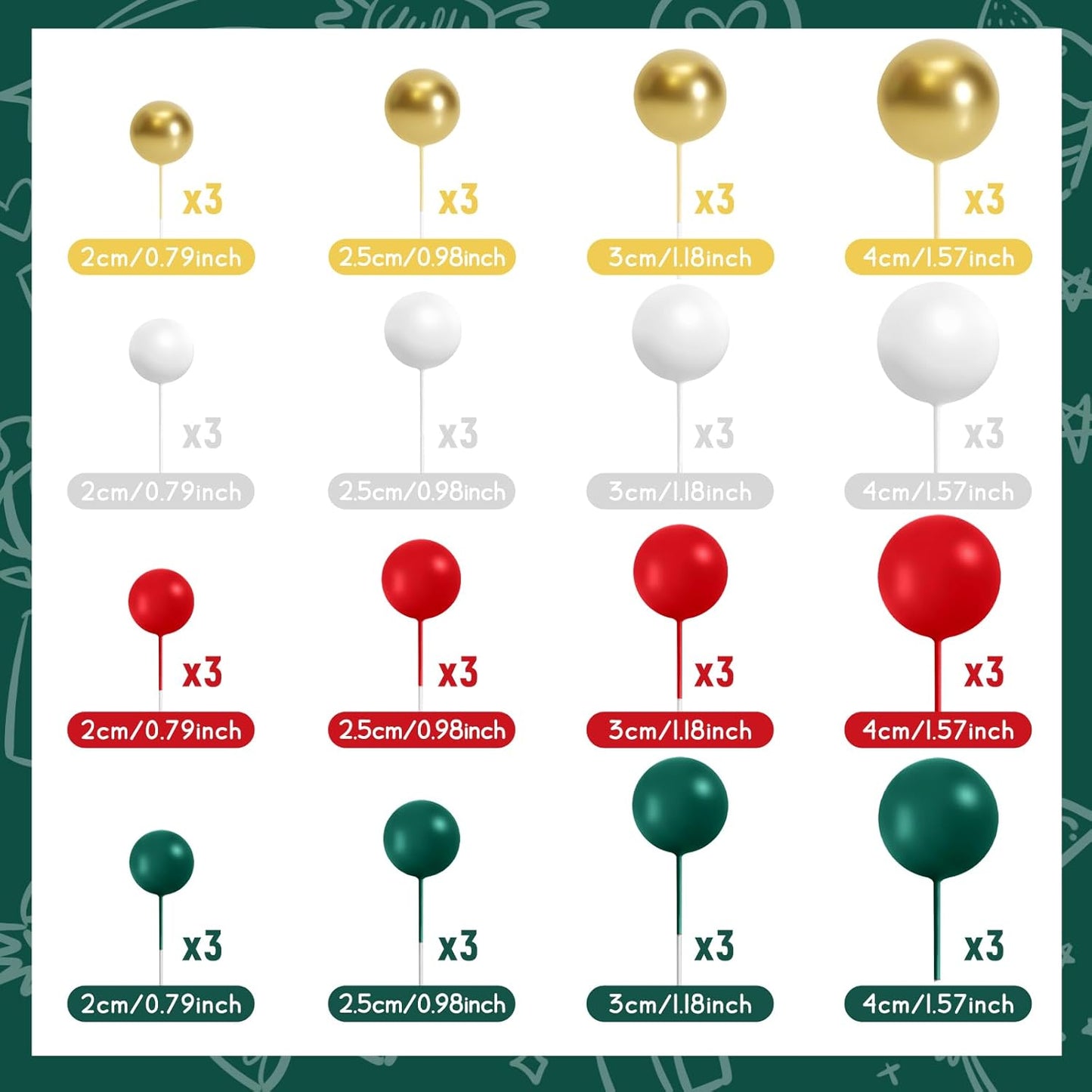 48 Pcs Balls Cake Topper Decorations Balloon Cupcake Toppers Foam Cake Topper Balls Cake Balls Decorations for Christmas Birthday Party Wedding Cake Decorating(Green,Red,White,Gold)