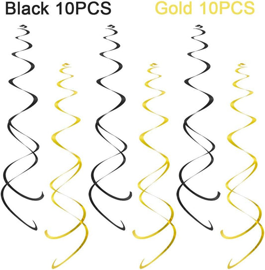 Party Swirl Decorations, Black and Gold Foil Ceiling Hanging Swirl Decoration, Whirls Decorations for Birthday | Wedding | Anniversary | Graduation Party Supplies, Pack of 20