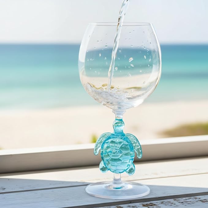 Supreme Housewares Sea Turtle Stem Wine Glasses, Blue Sea Turtle-Shaped Reusable Shatterproof Acrylic Glass for Red or White Wine, Poolside, Outdoors, Parties, 20 oz, Set of 2
