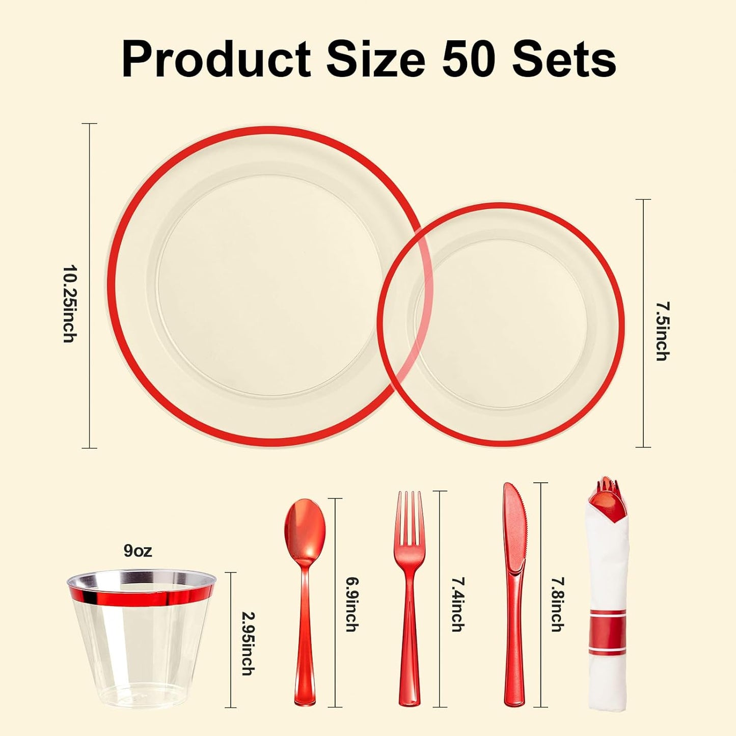 350PCS Clear and Red Disposable Plates Set for 50 Guests, 100 Plastic Plates, 50 Plastic Cups, 50 Pre-Rolled Napkins with Cutlery for Party, Christmas, Thanksgiving, Birthday, Halloween