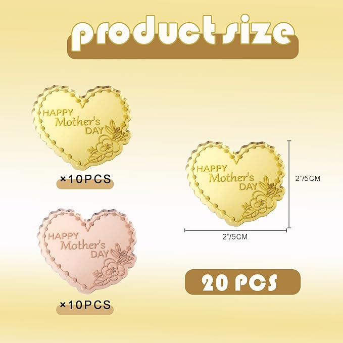 20 Pcs Mother's Day Cupcake Topper Acrylic Cake Disc Mirror Heart Cake Topper Engraved Happy Mother's Day Cake Topper Cupcake Decorations for Birthday Mother's Day Gifts Party Decor (Gold & Rose Gold)