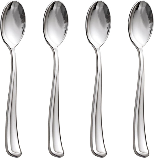 WDF 100 Pack Silver Plastic Spoons Disposable - 6.9 Inch Silver Spoons Heavy Duty Plastic Spoons, Modern Silver Disposable Spoons Perfect for Christmas Parties, Weddings