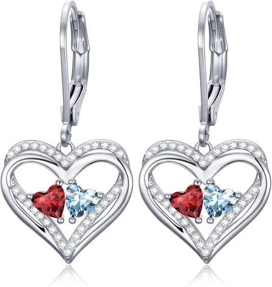 Valentines Day Gifts for Women, Heart Leverback Earrings Double Birthstone Dangle Earrings for Women, Love Jewelry for Her, Anniversary Birthday Gift for Mom Wife Girlfriend