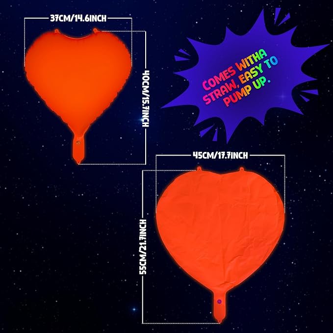 Mega-L Glow in the Dark Party Supplies, 5 Pcs Neon Heart Balloons Set – Fluorescent Red, Lemon Yellow, Fuchsia, Blue and Orange Balloons Perfect for Birthday, Wedding, Anniversary, Carnival