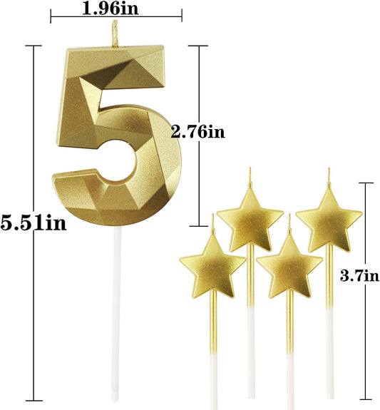 Golden Number 5 & 2.76 inch 3D Diamond Shaped Birthday Candles for Parties & Cake Decorations