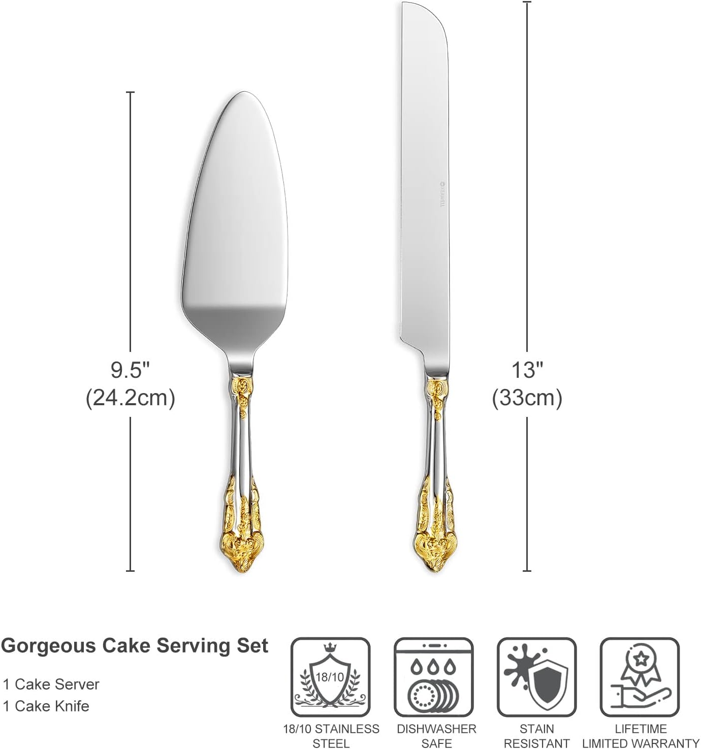 KEAWELL Gorgeous Wedding Cake Knife and Server Set, 18/10 Stainless Steel, Fine Luxury Cake Cutting Set (Gold Accent)