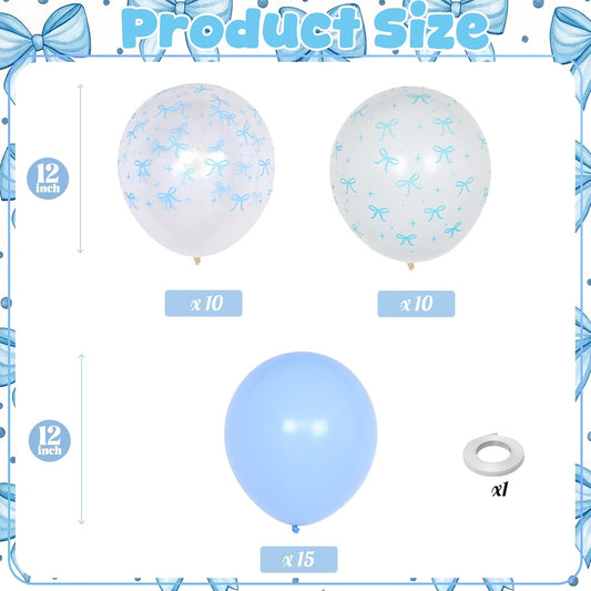 Blue Bow Balloons – 12 Inch Pastel Light Blue Transparent Coquette Bow Print Latex Balloons for Birthday & Baby Shower