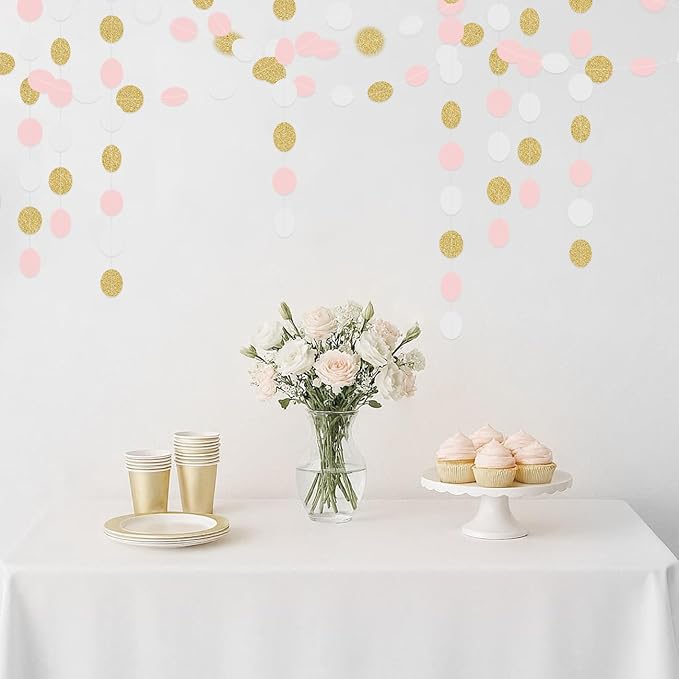 Light-Pink White Gold Party Decorations - 52Ft Paper Garland Circle Dots Streamers Banner Girl Women Birthday Bridal Shower Wedding Bachelorette Engagement Graduation Hanging Decor Hongtongtong