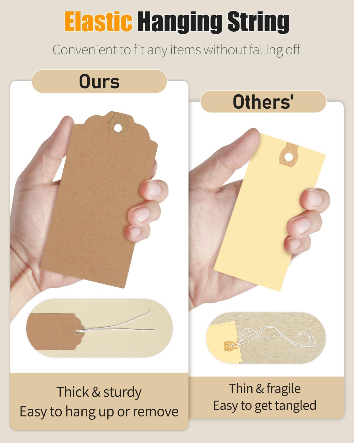 Uniclife 72 Pcs Blank Shipping Tags with Elastic String Attached Kraft Paper Tags Hang Tags with Reinforced Eyelet Large Marking Tags Price Tags Inventory Label Tags, Brown (4.7" L x 2.36" W)
