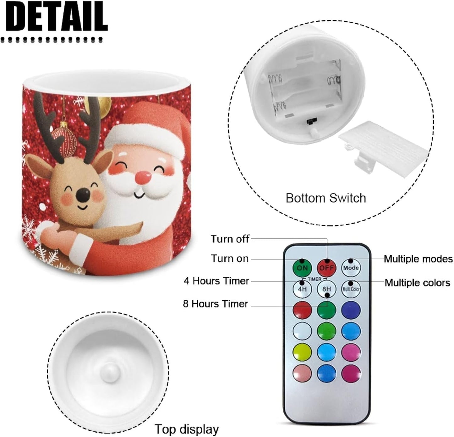 Poceacles Christmas LED Flameless Candles Set of 4 Multi-Color Battery Operated Fake Flickering Candles with Remote and Timer, for Holiday Festival Decorations, Santa Claus Reindeer Red