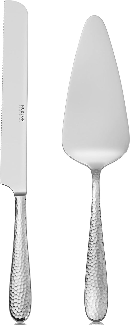 Hudson Essentials Bergamo Hammered 18/10 Stainless Steel Wedding Cake Knife & Cake Server Set – Perfect for Weddings, Engagements, & Birthay Parties