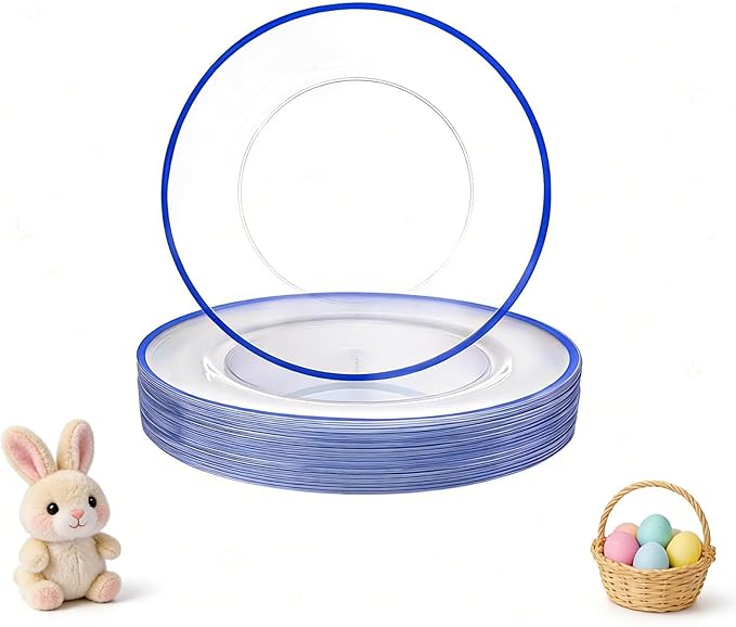 WDF 12 Inch Disposable Charger Plates - 25Pack Plastic Clear and Blue Charge Plates Perfect for Passover/Easter/Dinner/Wedding/Party/Elegant Tabletop Decor