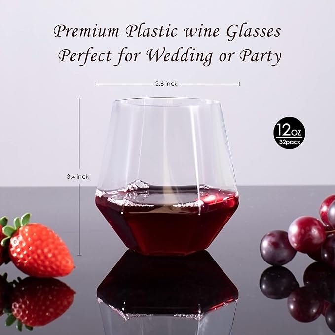 LUODA 32 Pack Clear Plastic Stemless Wine Glasses, 12 Oz Clear Plastic Diamond Glasses, Disposable Whiskey Glasses for Birthday, Housewarming Wine Glasses For White Wine
