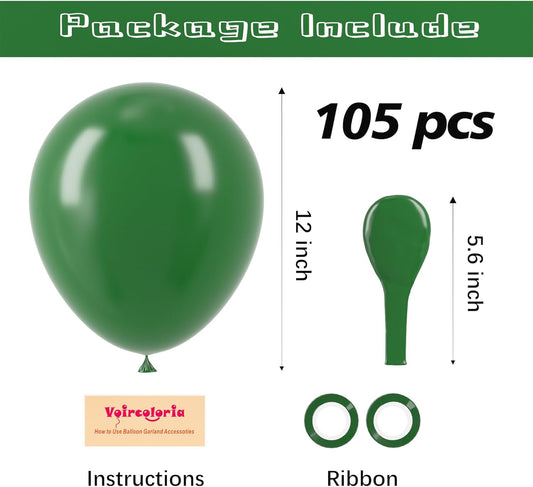 105pcs Dark Green Balloons 12inch Hunter Green Balloons for Birthday Dinosaur Baby Shower St. Patrick's Day Summer Jungle Forest Safari Party Decorations