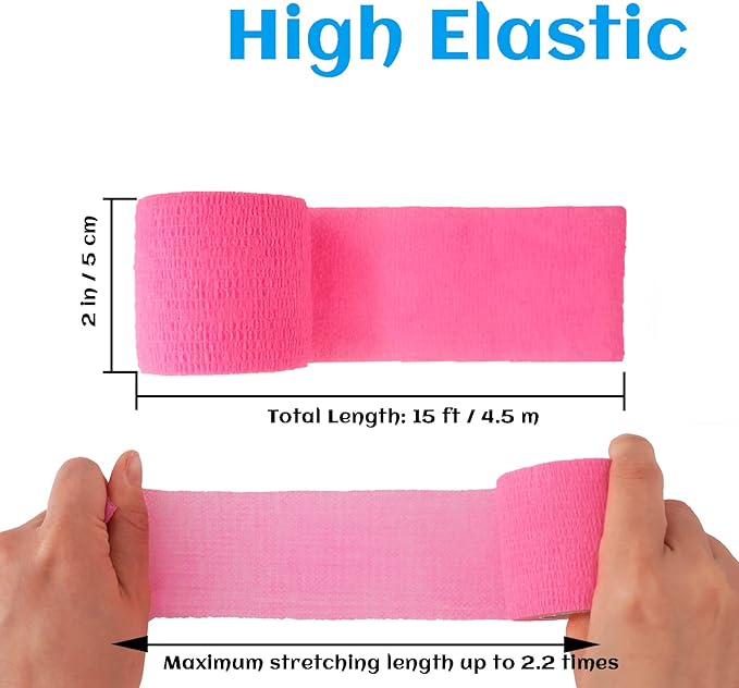 24 Pack Self Adhesive Bandage Wrap 2 Inch, Athletic Elastic Non Woven Cohesive Bandage for Sports, First Aid Medical, Wrist, Ankle Sprains, Swelling and Vet Wrap (Hot Pink)