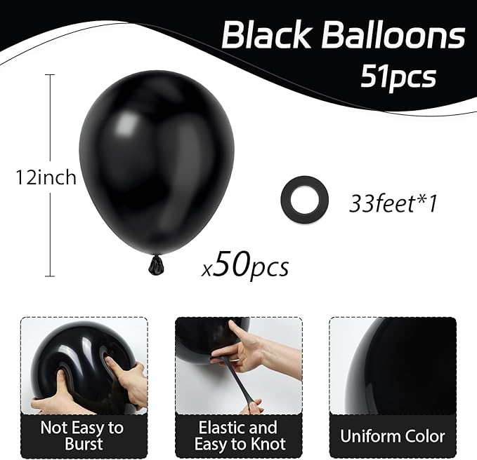 Black Balloons 12 inch, Black Latex Balloons 50pcs Party Balloons for Graduation Halloween Birthday Party Decorations