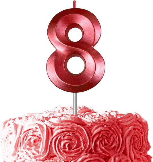 Red Number 8 Candles, 3D Diamond 2.76 Inch Cake Topper Birthday Candles for Wedding Anniversary Cake Decorations, Happy Birthday Party Decorations