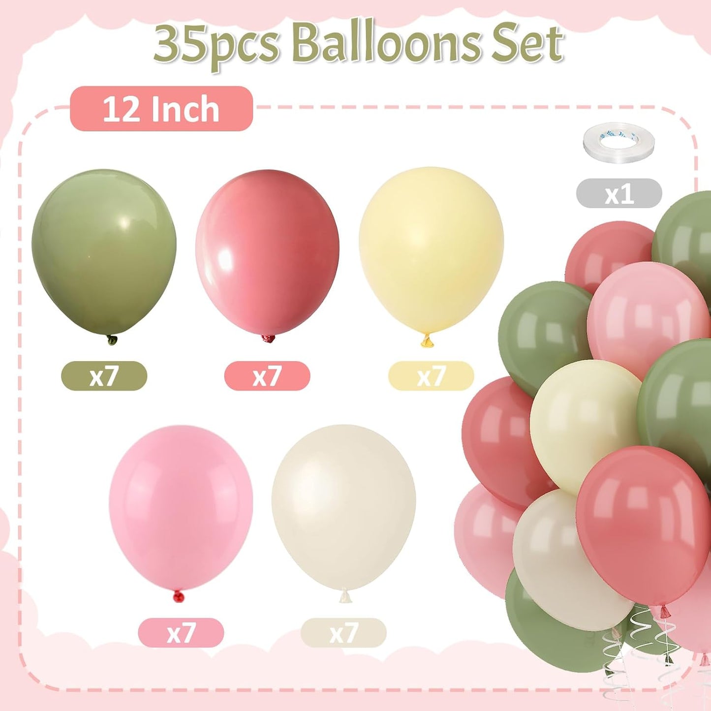 Dusty Green Pink Beige Balloons Light Pink Yellow Mist Sage Cream Peach Balloon 12INCH Ivory White Sand Helium Latex Balloon for Arch Kids Wildflower Goose Birthday Party Decorations Baby Shower