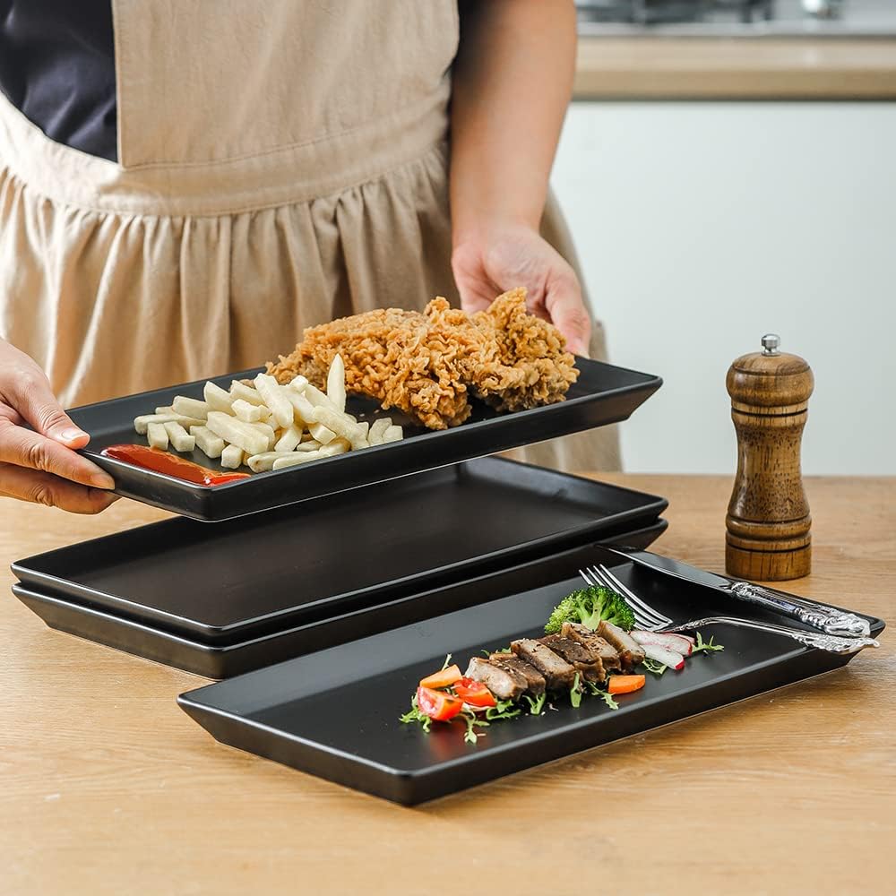 Ceramic Serving Tray, 14 Inches Large Serving Platter, Rectangular Serving Tray, Porcelain Serving Plates, Ceramic Serving Dishes for Dinner, Party, Sushi, Dessert, Food, Set of 4 (Matte Black)