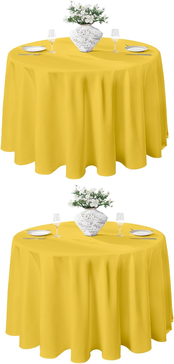 VidaFete Tablecloth 2 Pack 120inch Round Table Cloth Polyester, Stain Wrinkle Resistant Polyester Dining Table Cover for Kitchen Dinning Party Wedding Round Tabletop Buffet Decoration(Yellow)