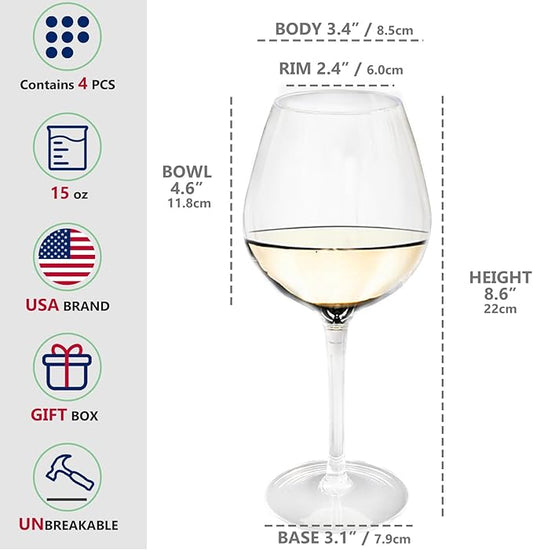 Plastic Wine Glasses Set of 2(15oz) |Unbreakable Wine Glasses with Stem|100% Tritan & BPA Free |Dishwasher Safe| Awesome For Pool, Beach, Travel, Pool, Camping, Beach, Picnic, Everyday Use.