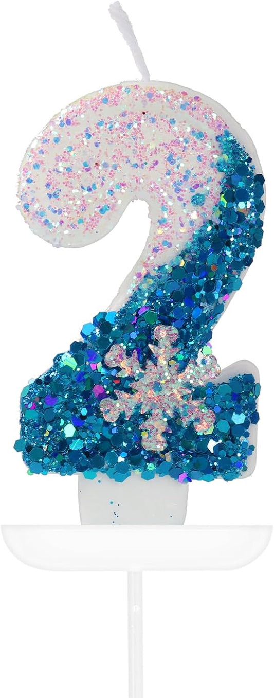 Blue White Frozen Birthday Candles, Sparkler Number 2nd Birthday Candle for Party Supplies, Snow Winter Frozen Birthday Party Decorations, Number 2 Cake Toppers Decorations