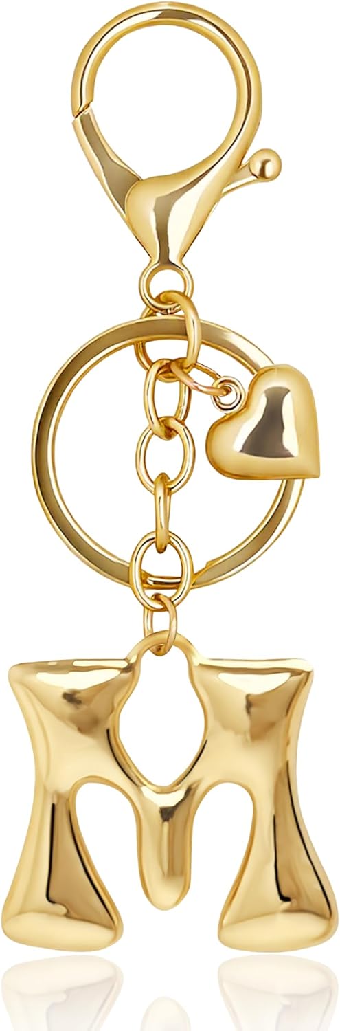 Gold Bubble Heart Initial Bag Charms for Handbags – Cute Initial Letter Keychain for Women, Purse Charms, Gold Gift