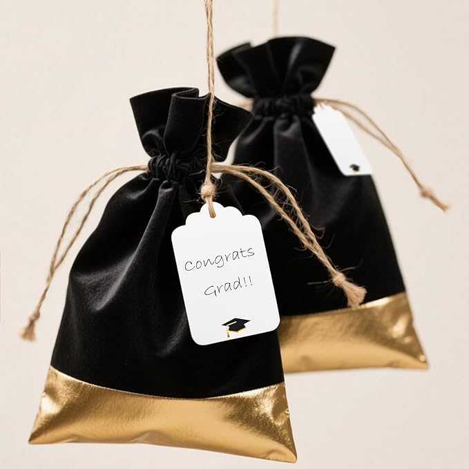 ASYEHJNR 100Pcs Blank Gift Tags with String Foil Black Gold Grad Cap Large Paper Gift Tags with 65 Ft Jute Twine for Congratulations Graduation Congrats Grad Class of 2025 Party