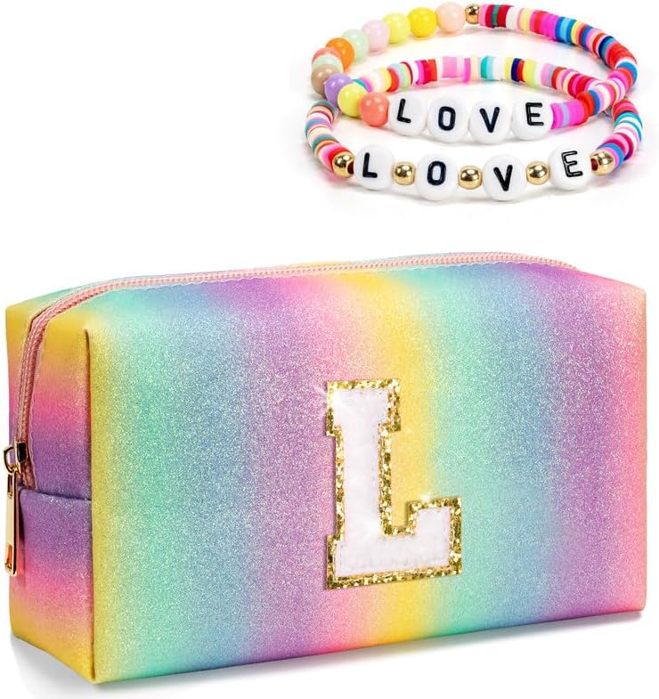 Personalized Birthday Gifts for Girls Women, Makeup Bag with Monogram Letter, Preppy Cosmetic Travel Bag, Thank You Teacher Gift Idea, Gifts for Friends Sister, Cute Stuff for Kids (Large)