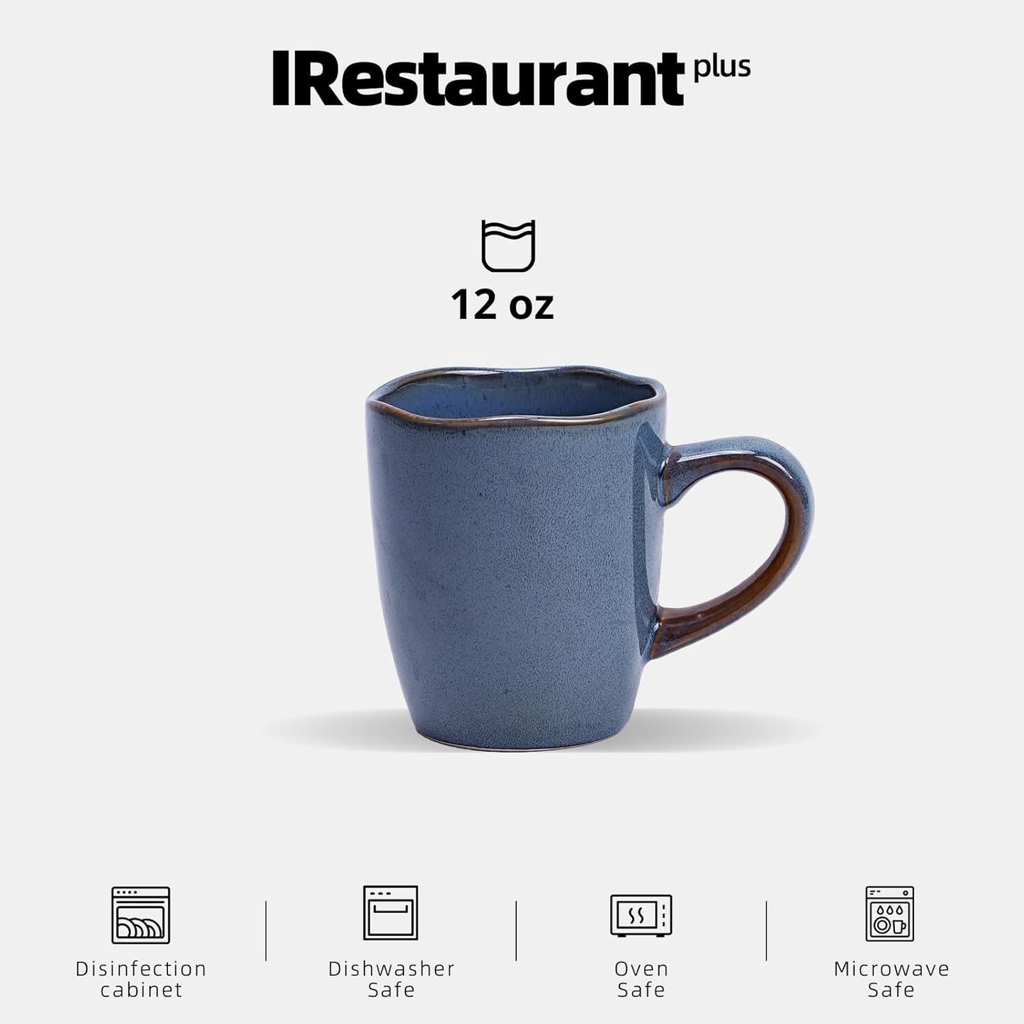 Organic Shape Restaurant Mug 12oz, Commerical Grade Catering Stoneware Coffee Mug in Ir-regular Organic Shape, Chip & Scratch Resistant, Glossy Reactive Glaze Blue, Case of 24
