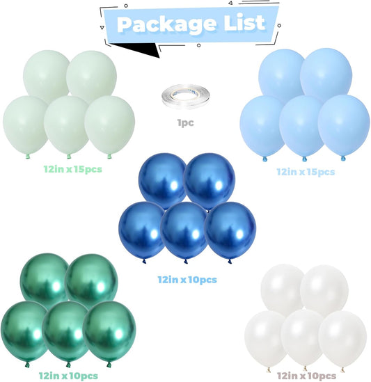 Green Blue White Balloons 60pcs 12inch Ocean Balloons Under the Sea Decorations Shark Whale Theme Kids Birthday Party Pastel Metallic Blue Green Pearl White Latex Helium Balloon DIY Supplies