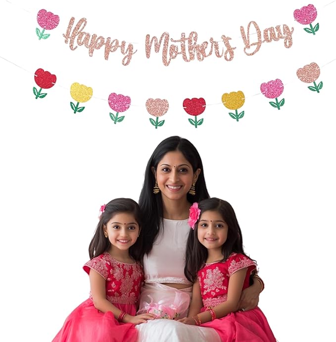 Happy Mother's Day Banner Set Decoration for Mother's Day Party Decorations Backdrop Garland for Mom Mother's Day Glitter Garland Photo Props (Rose Gold Tulip)