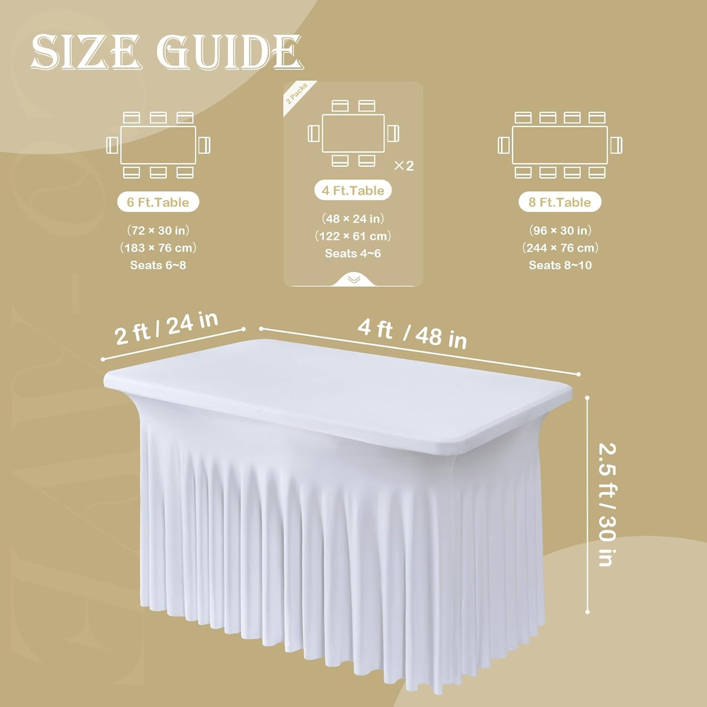 2pk White Spandex Tablecloths 4ft for Rectangle Tables, Wrinkle Free Classy Table Skirt Stretchy Fitted Table Cloths Covers 4 Foot for Weddings Birthday Party Events Banquette Baby Shower