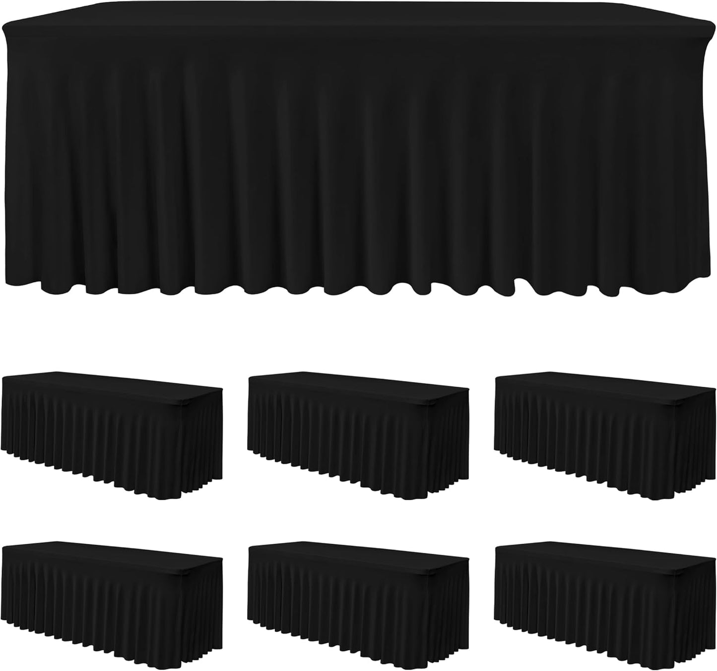 HolidayIdeas Black Spandex Table Skirts for Rectangle Tables 6ft, Fitted Stretch Table Cover 30x72 Inch, Wrinkle-Free Ruffle Design Tablecloths for Banquets,Trade Shows, Parties, Events, 6 Pack