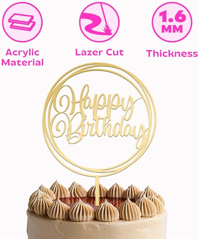 JUSTCAKETOPPERS Happy Birthday Gold Multi-Circle Acrylic Cake Topper, Elegant Birthday Cake Decoration for Party & Celebration