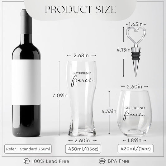 AW BRIDAL Engagement Gifts for Couples and Women, Fiance Wine Glasses and Beer Mug Set for Her, Newly Wed Gift for the Couple 2025, Mr and Mrs Wedding Beer Mug with Wine Stopper for Bride to Be