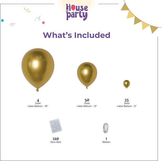 HOUSE OF PARTY Gold Balloon Arch Garland Kit - 92 Pcs Metallic Gold Chrome Balloons Different sizes 18"/12"/5" - Gold Latex Balloons Ideal for Graduation Party decorations, Birthday, Christmas decor