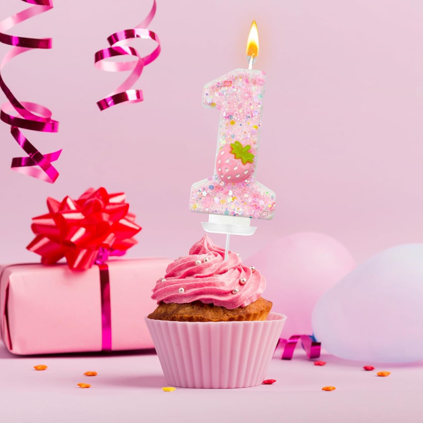 HXOUSE Strawberry Number 1 Birthday Candles - Pink Berry Birthday Candles for Cake, 1 Candle Topper for Anniversary Celebrations Supplies, Strawberry Party Decorations for Girl (No.1)