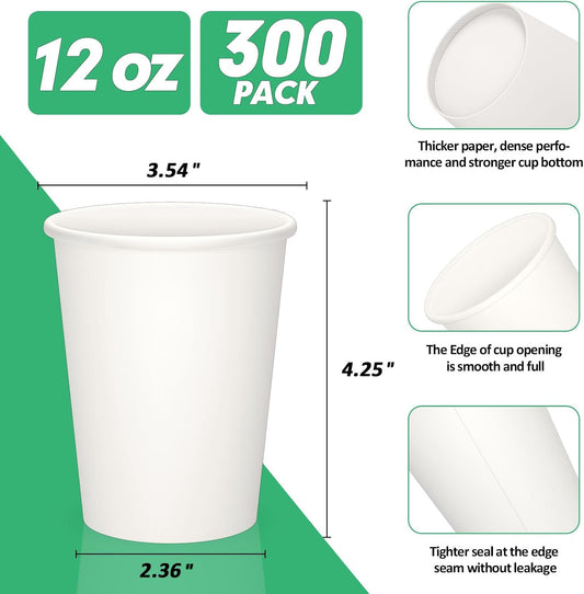 12 oz Paper Cups, 300 Pack 12oz Disposable Paper Coffee Cups, Coffee Cups 12 oz for Cold and Hot Drinks, White Paper Drinking Cups for Parties, Picnic, Cafes, Bistros and Events